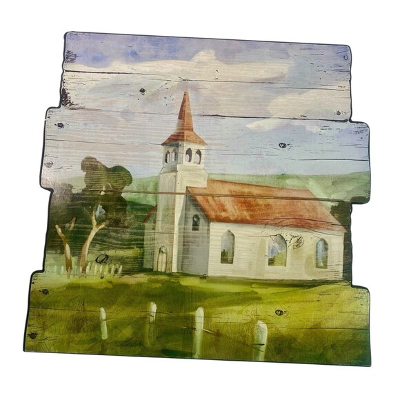 Country Church Decoupage on Wood Rustic Vintage 10 x 10.5 Wall Decor - Picture 2 of 3